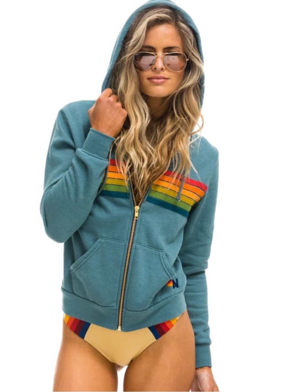 RARE Aviator Nation Rainbow 6 Stripe Full Zip Drawstring Hoodie turquoise small